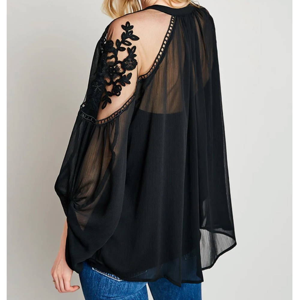 Hayden Los Angeles Sheer Tie Front Peasant Top - Picture 4 of 7